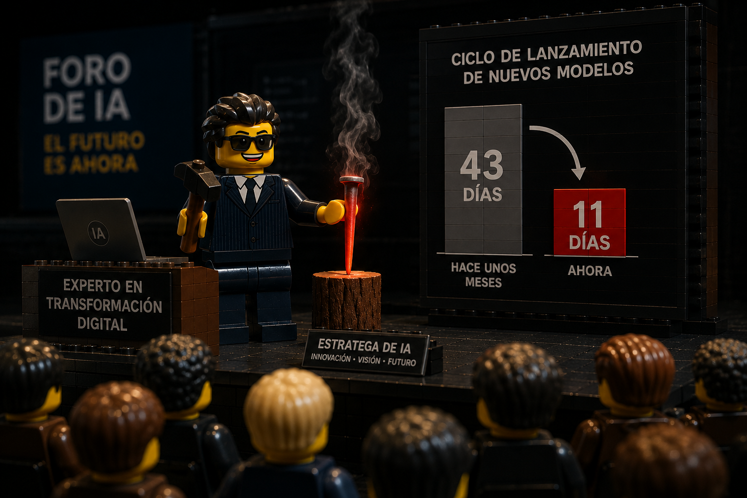 Consultor LEGO presentando en un foro de IA mientras sostiene un clavo ardiendo, con el ciclo de lanzamiento de modelos reduciéndose de 43 a 11 días en la pantalla de fondo.
