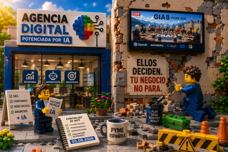 Agencia digital LEGO que vende SEO y servicios tradicionales con barniz de IA, junto a un arquitecto que construye con ladrillos reales, checklist del AI Act con fecha 02.08.2026 y el GIA8 en pantalla de fondo.