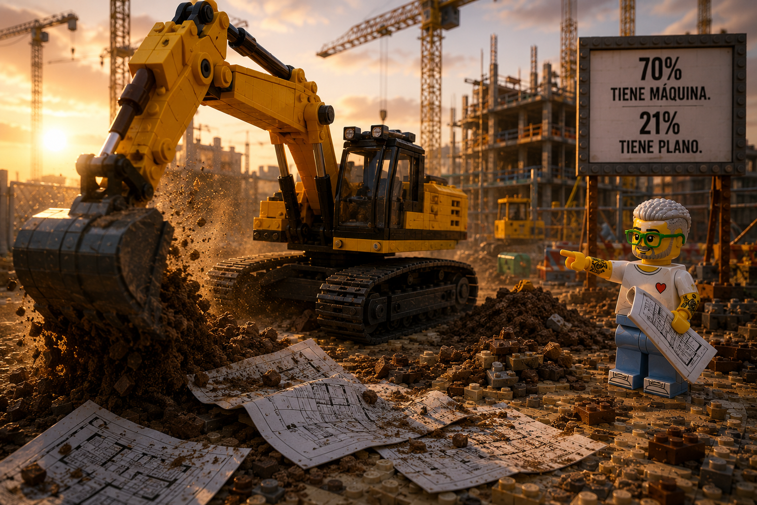 Excavadora LEGO sin conductor removiendo tierra sin rumbo mientras un arquitecto con planos observa apartado, bajo un cartel que dice 70% tiene máquina, 21% tiene plano.
