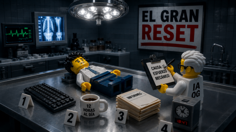 Autopsia forense LEGO del esfuerzo mecánico: oficinista sobre mesa forense rodeado de evidencias de su vida laboral —teclado, taza de 12 horas, informes— bajo el cartel El Gran Reset.