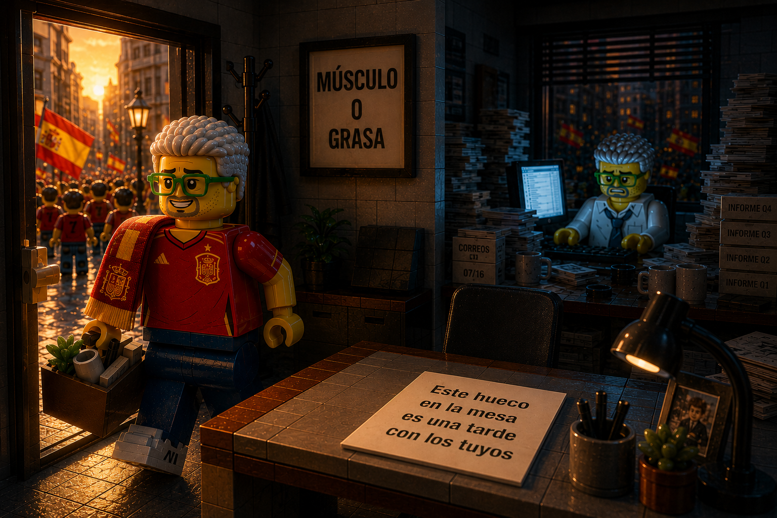 Trabajador LEGO con la camiseta de España sale de la oficina hacia la calle llena de banderas tras la final del mundial, con su mesa limpia y un papel que dice "Este hueco en la mesa es una tarde con los tuyos", mientras al fondo otro sigue enterrado entre correos e informes.