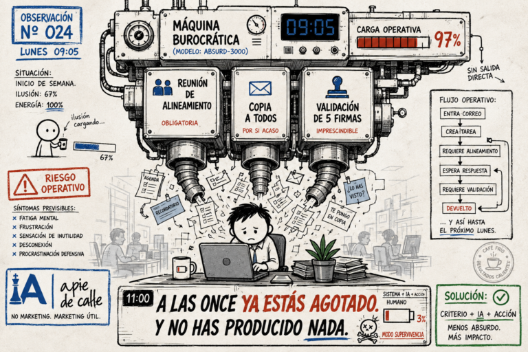 Ilustración a mano de una máquina burocrática que dispara reuniones, correos y validaciones sobre un trabajador agotado ante su portátil un lunes a las 9:05, con medidores de energía y un flujo operativo que siempre acaba devuelto.