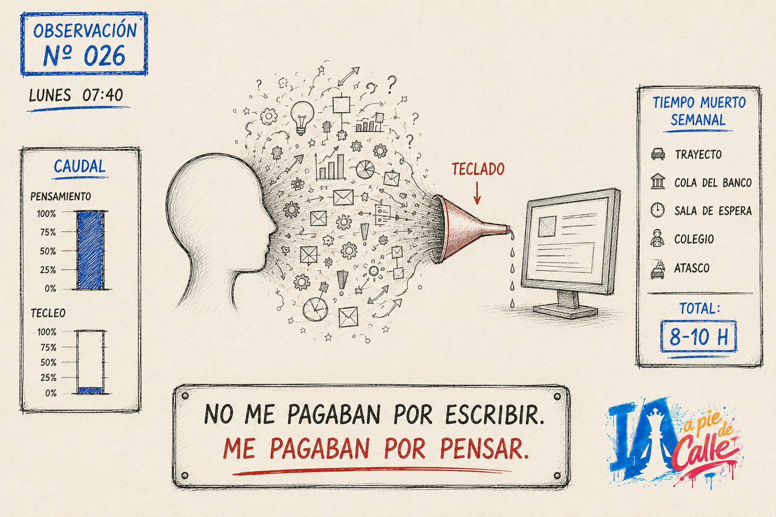 Ilustración a mano de una cabeza de la que sale un caudal ancho de ideas que se estrecha al pasar por un embudo etiquetado teclado, con un recuadro que suma entre ocho y diez horas de tiempo muerto semanal.