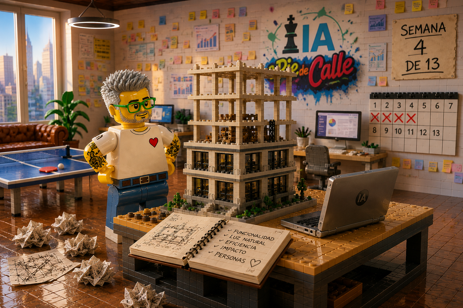 Taller LEGO con una maqueta de edificio a medio construir, papeles descartados en el suelo, un solo portátil sobre la mesa y un calendario con cuatro casillas tachadas de trece.
