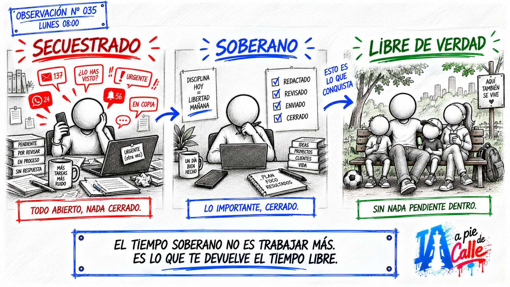 Ilustración a mano en tres viñetas: una persona rodeada de notificaciones con todo abierto, la misma persona con sus tareas cerradas y el móvil boca abajo, y finalmente esa persona en el parque con su familia sin nada pendiente.