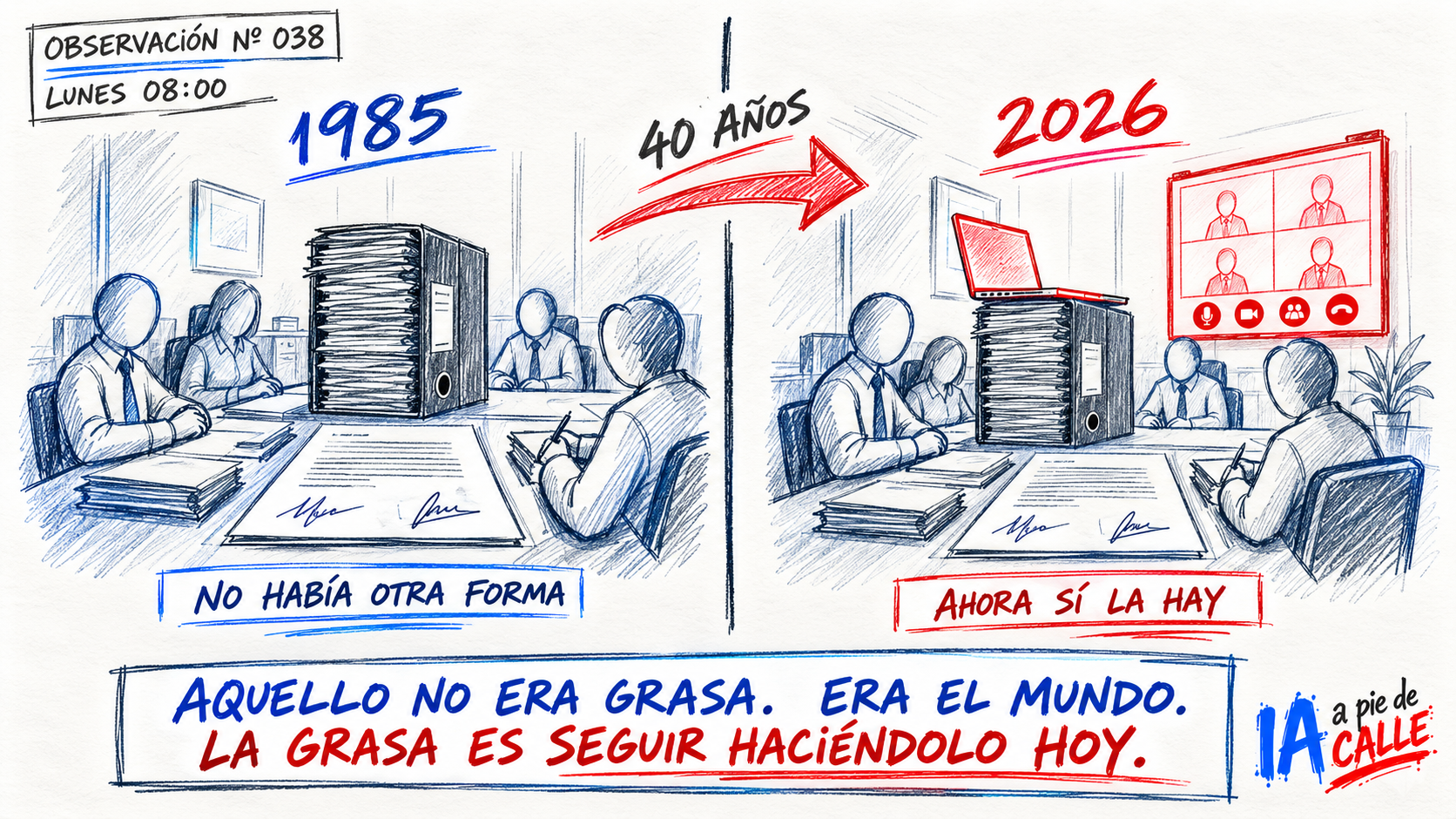 Ilustración a mano que compara una oficina de 1985 con archivador, doble firma y reunión, y la misma escena idéntica en 2026 con un portátil y una videollamada sin usar encima.