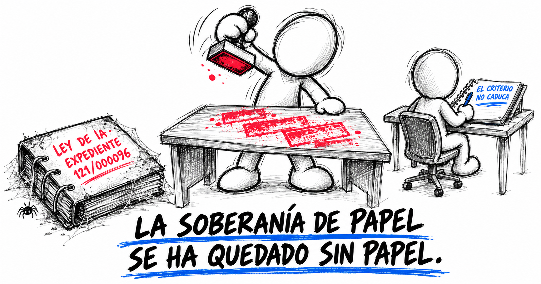 Ilustración: un funcionario sella una mesa vacía mientras el expediente de la ley de IA en España cría telarañas en el suelo