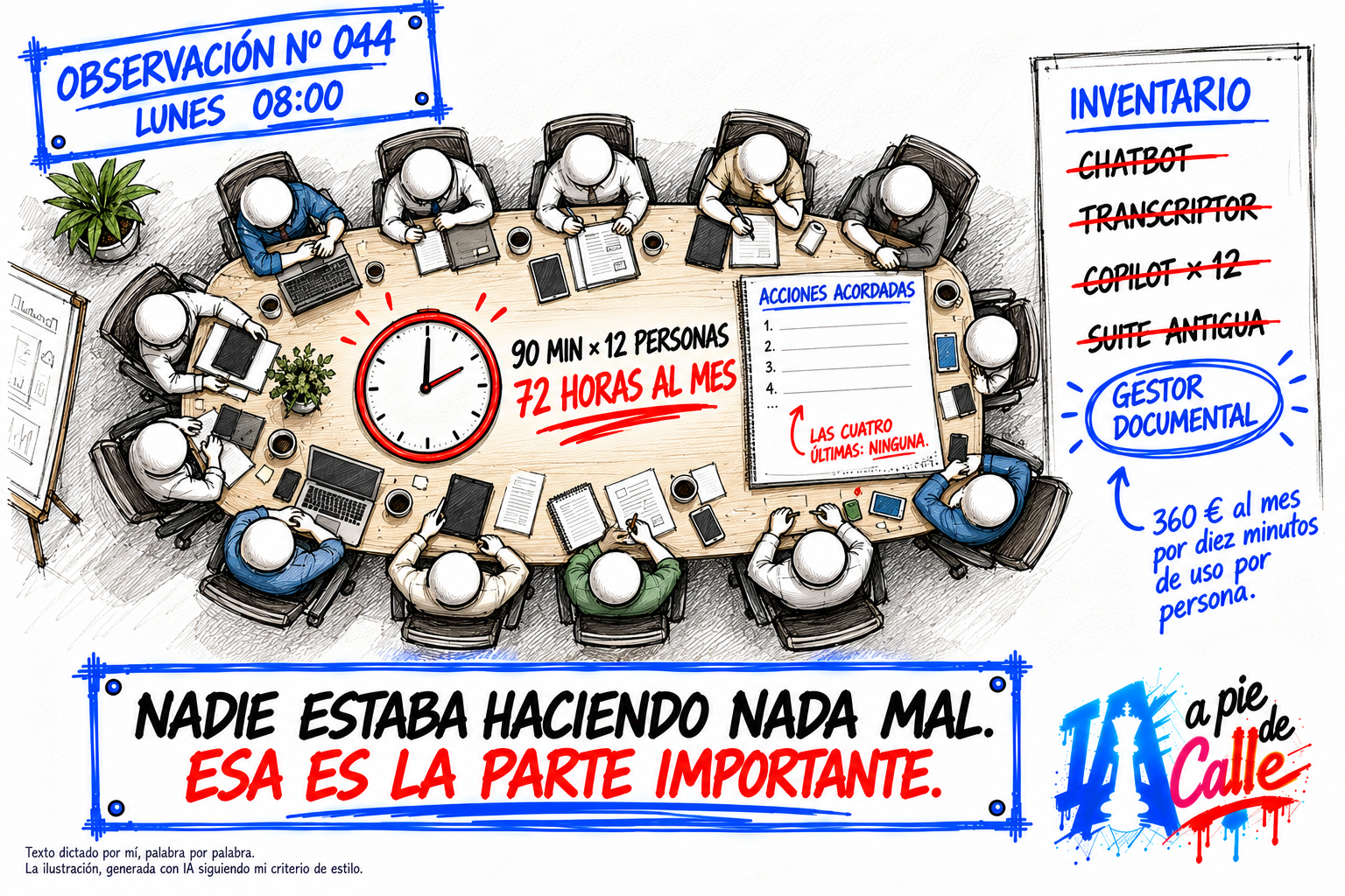 Ilustración a mano de una sala de reuniones vista desde arriba con doce sillas ocupadas, un reloj en el centro marcando setenta y dos horas al mes, un acta vacía y un inventario lateral con cuatro herramientas tachadas y una rodeada.